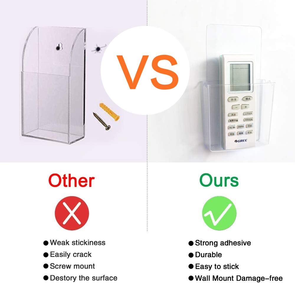 Remote Holder Wall Mount Damage-Free (2 Pack), Clear and Strong Self-adhesive Universal Media Organizer Storage Box for Mobile Phone,Remote Control,Keys,Pens etc