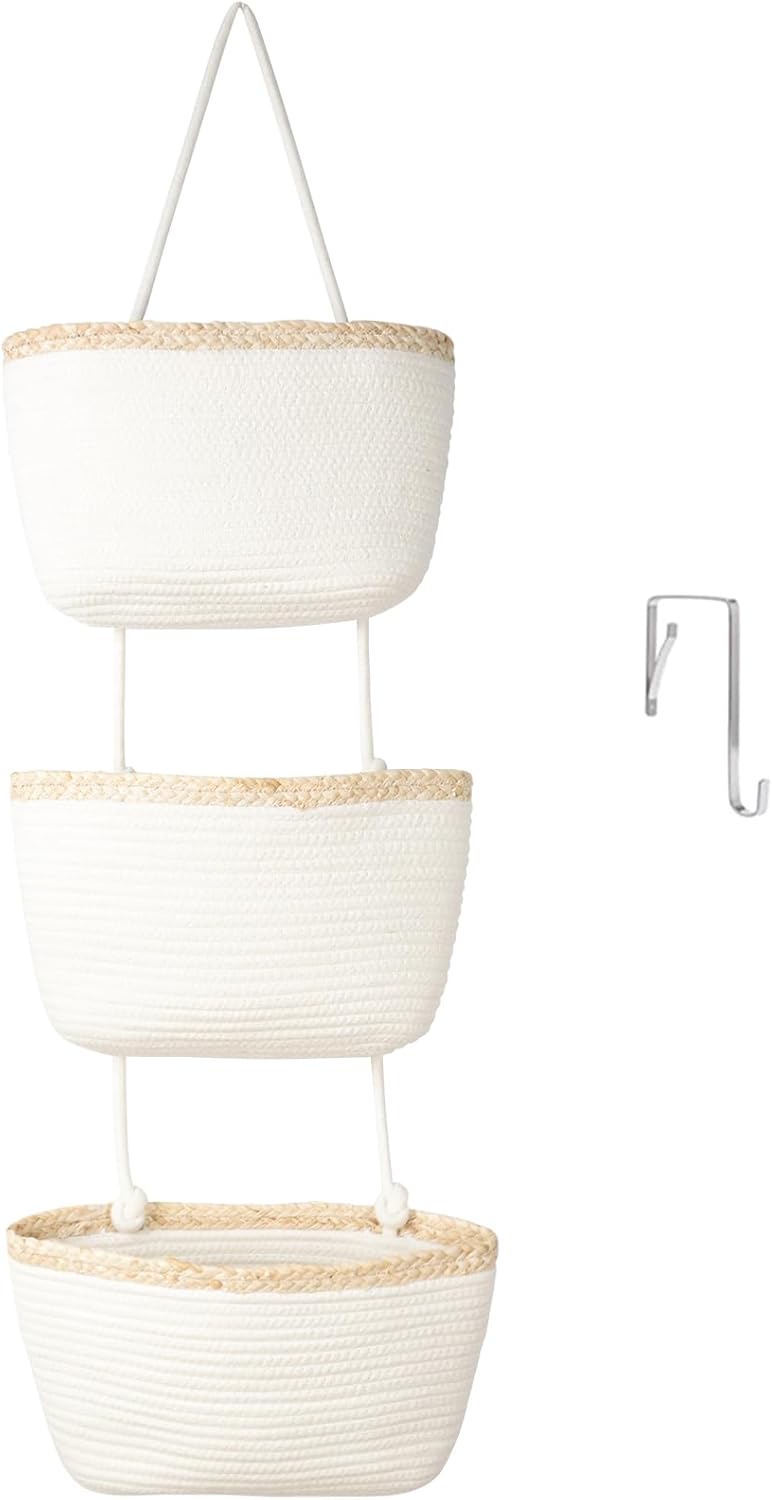 TeoKJ Over the Door Hanging Basket, 3-Tier Woven Cotton Wall-Mounted Storage Organizer Bag Decorative Hanging Nursery Baskets, White & Light Brown