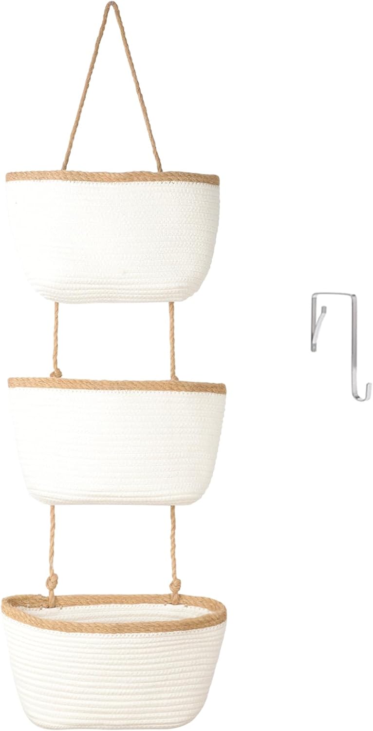 TeoKJ 3-Tier Wall hanging Storage Bags, Over the Door Organizer, Decorative Cotton Rope Hanging Baskets, White & Dark Brown