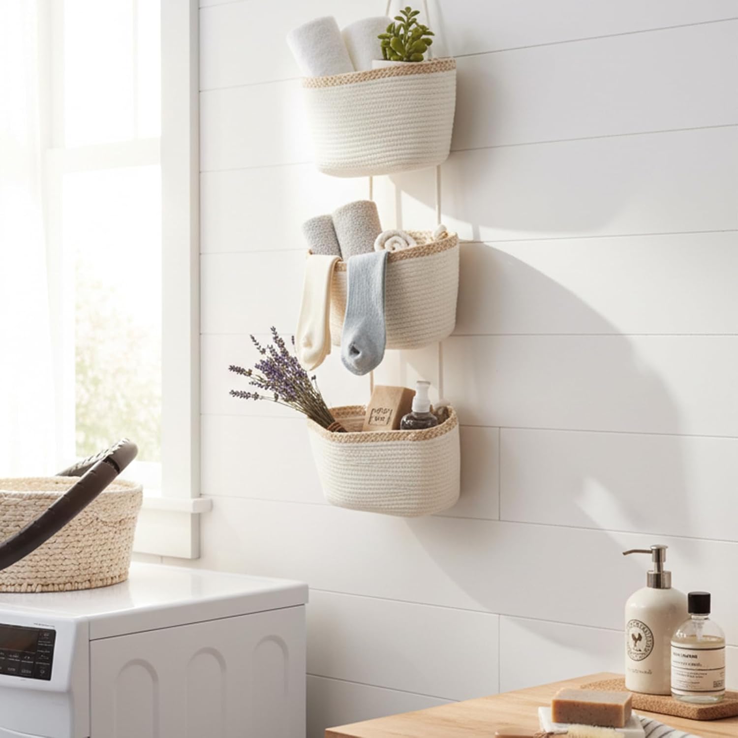 TeoKJ Over the Door Hanging Basket, 3-Tier Woven Cotton Wall-Mounted Storage Organizer Bag Decorative Hanging Nursery Baskets, White & Light Brown