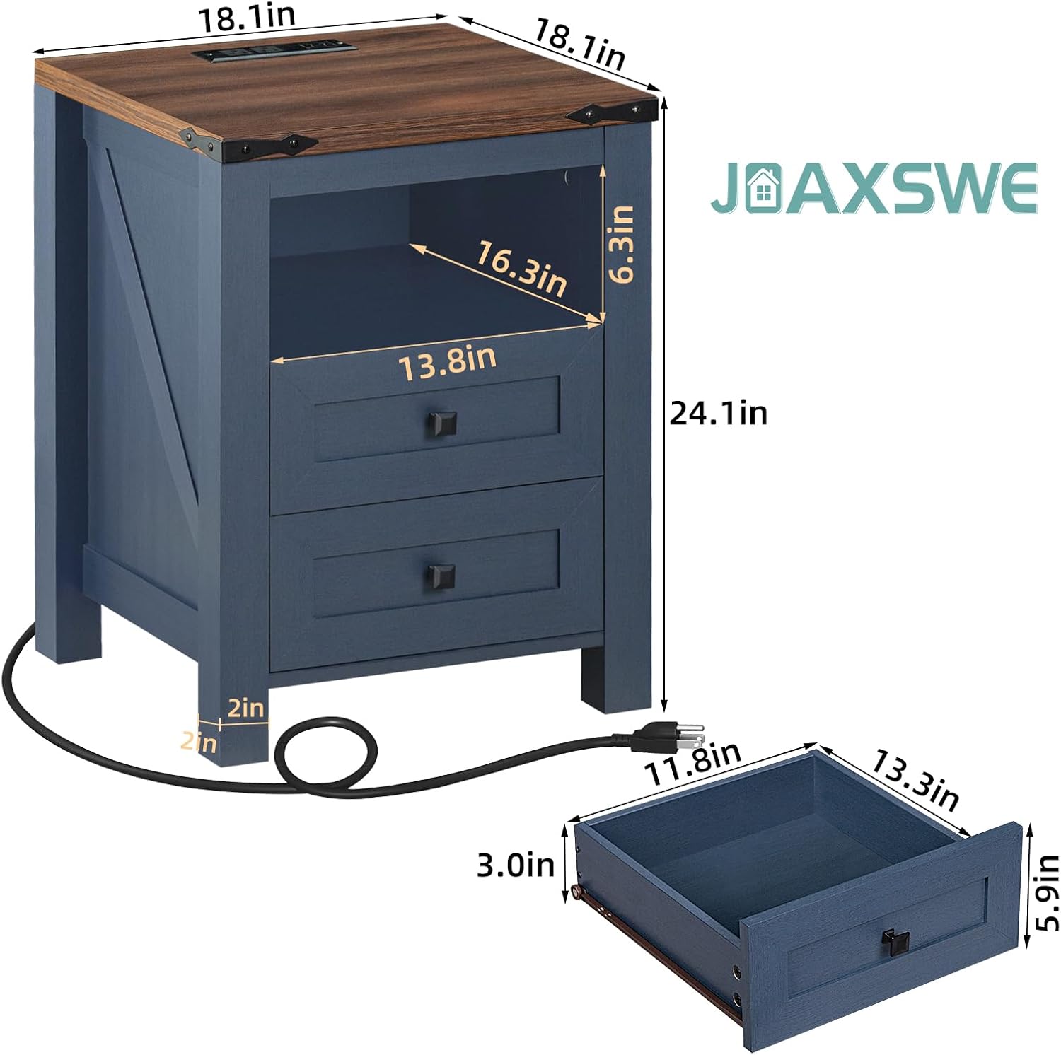 Nightstand with Charging Station, Farmhouse Night Stand with 2 Drawers and Shelf Storage, Blue Wooden Side End Table, Bedside Cabinet for Bedroom, Living Room, Closet,Office