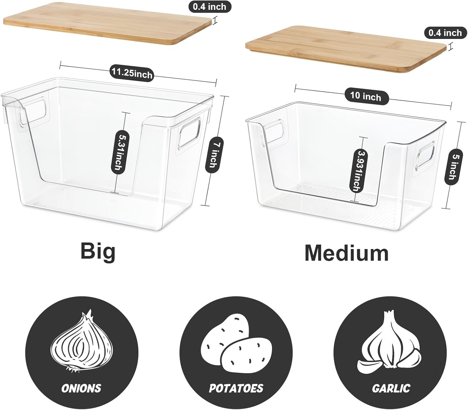 Pantry Organizers and Storage, Stackable Plastic Pantry Organizer with Lid & Handle for Kitchen Counter, Fridge for Fruit, Potato, Onion, Vegetable, 3 Set (Clear - 2 Large Bin & 1 Medium Bin)
