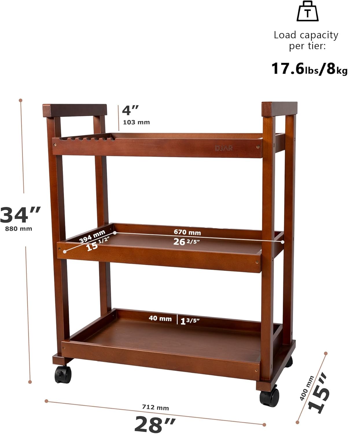 DJAR Rolling Art Supplies Cart, Solid Beech Wood Art Supply Organizert with Caster Wheels, Utility Cart for Adults, Artists, (Walnut, Basic)