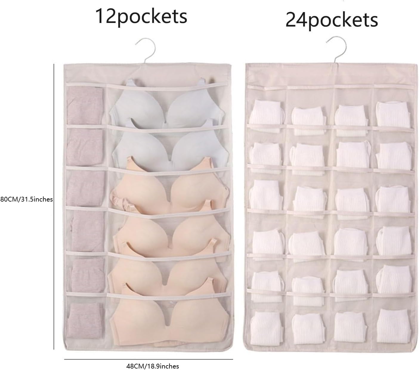 (Set of 2, 4 pockets with different layouts on each side) Double-sided storage hangers, bra storage, closet organization, underwear storage, space-saving, lightweight and durable (36+15pockets)