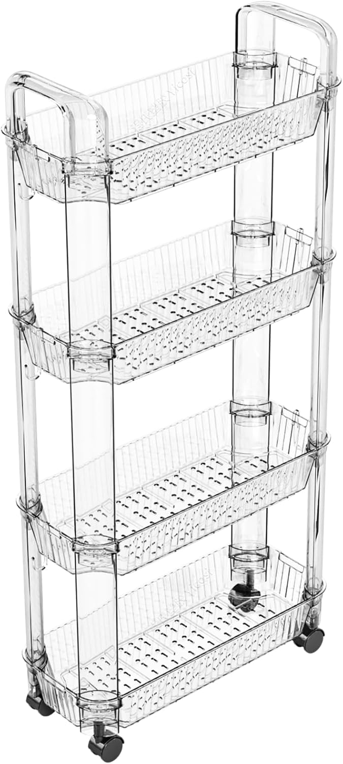 Yieach 4 Tier Rolling Cart with Wheels,Clear Narrow Bathroom Rack Organizer,Slim Storage Cart,Three Tier Thin Shelf and Narrow Rolling Utility Cart for Small Space Shelf,Dorm Room,Kitchen,Laundry