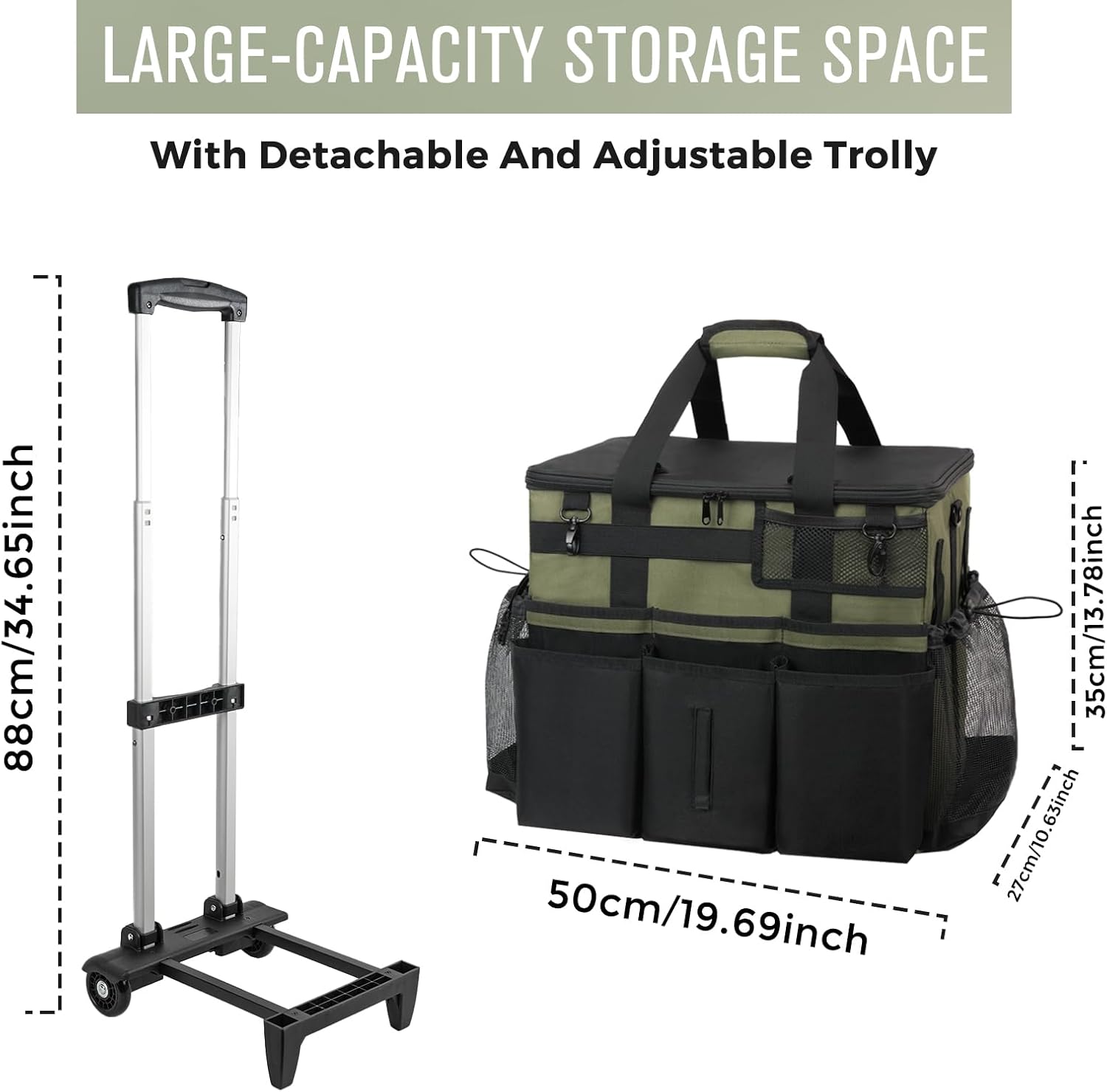 Rolling Cleaning Caddy Bag with Detachable Trolley, Large Cleaning Supplies Organizer with Wheels, Multi-Pocket Cleaning Cart with Adjustable Shoulder Strap for Housekeepers & Home Use, Armygreen