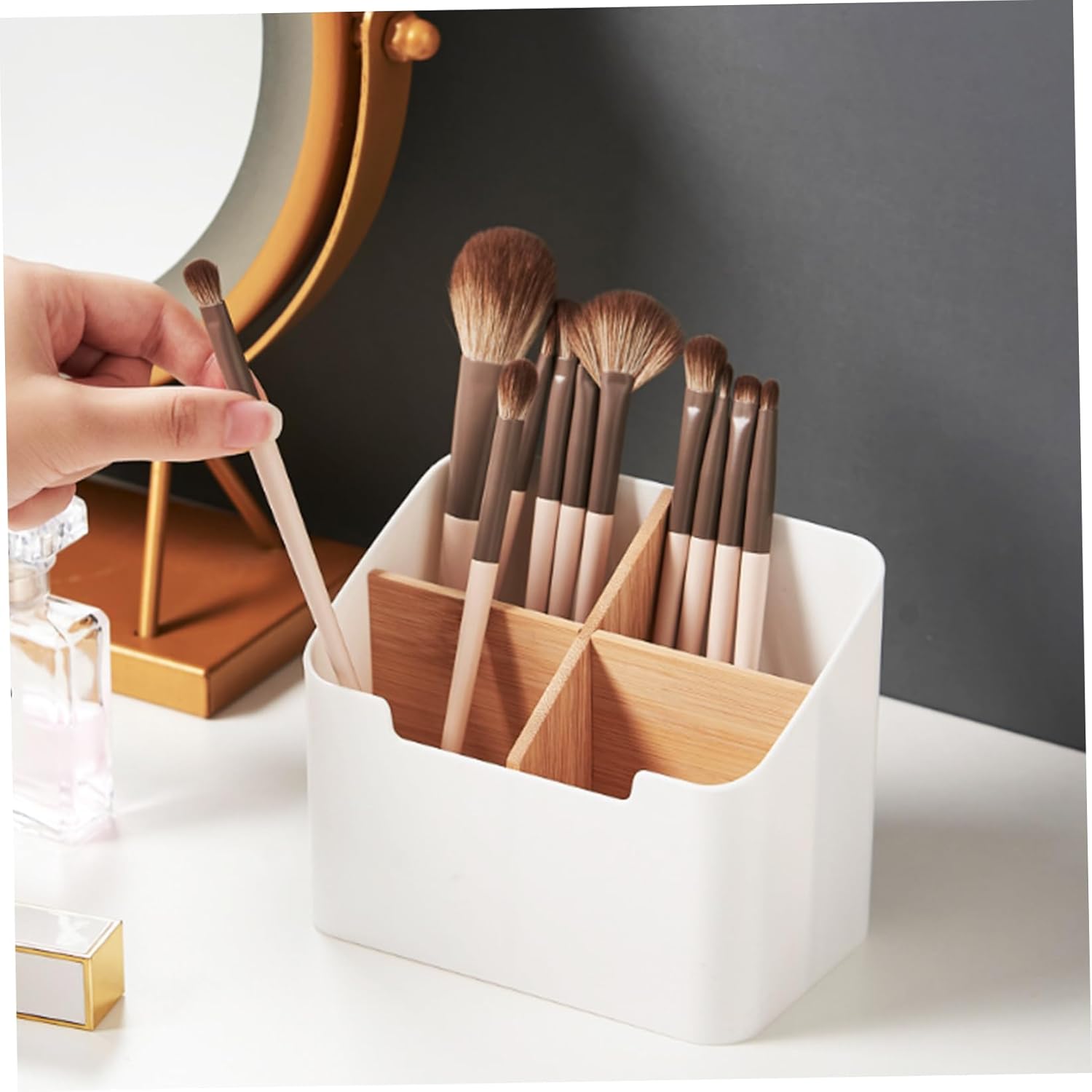 Remote Control Holder, Wood and Plastic Remote Control Holder with 4 Compartments, Multifunctional Desk Storage Organizer Box