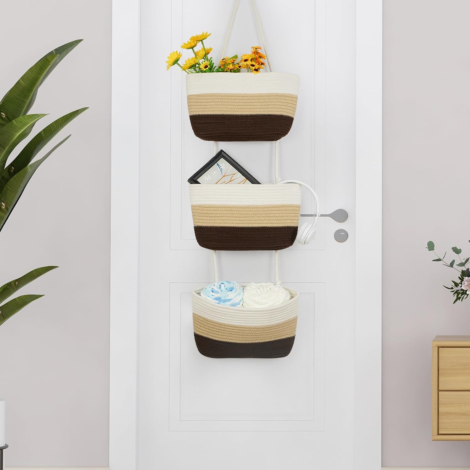 TeoKJ Over the Door Hanging Baskets, 3-Tier Woven Cotton Storage Organizer Bag Decorative Nursery Kitchen Baskets，Gradient Brown