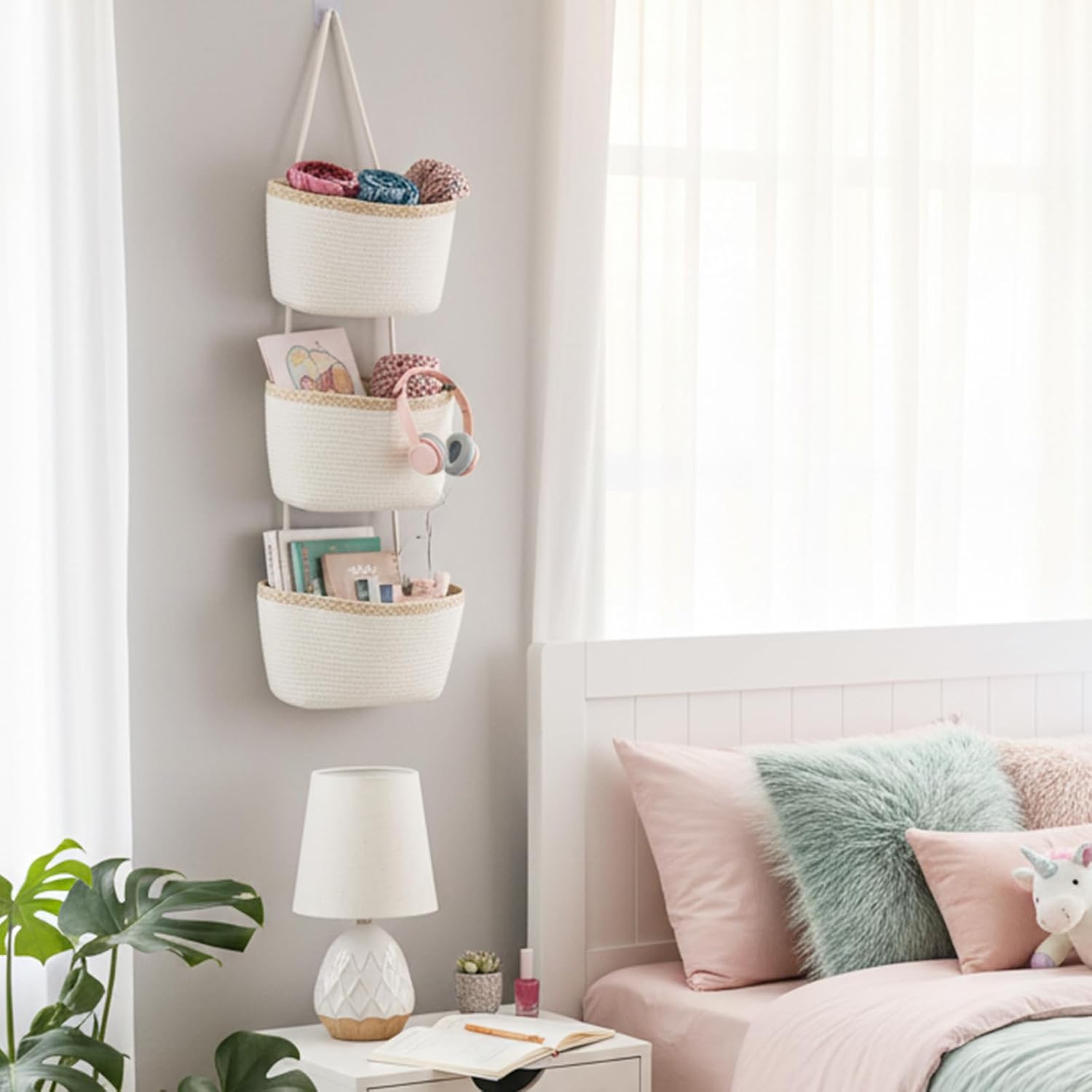 TeoKJ Over the Door Hanging Basket, 3-Tier Woven Cotton Wall-Mounted Storage Organizer Bag Decorative Hanging Nursery Baskets, White & Light Brown