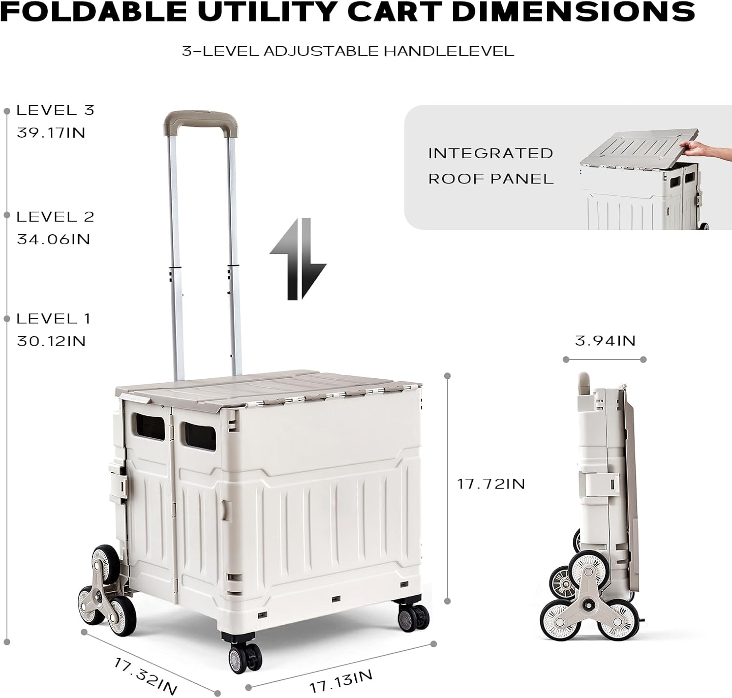 Utility Cart Teacher Cart with Stair Climbing Wheels Foldable Shopping Cart, with Telescopic Handle, Ideal for Outdoor Home Use and Teacher/Student Book Storage. (Gray, Large)