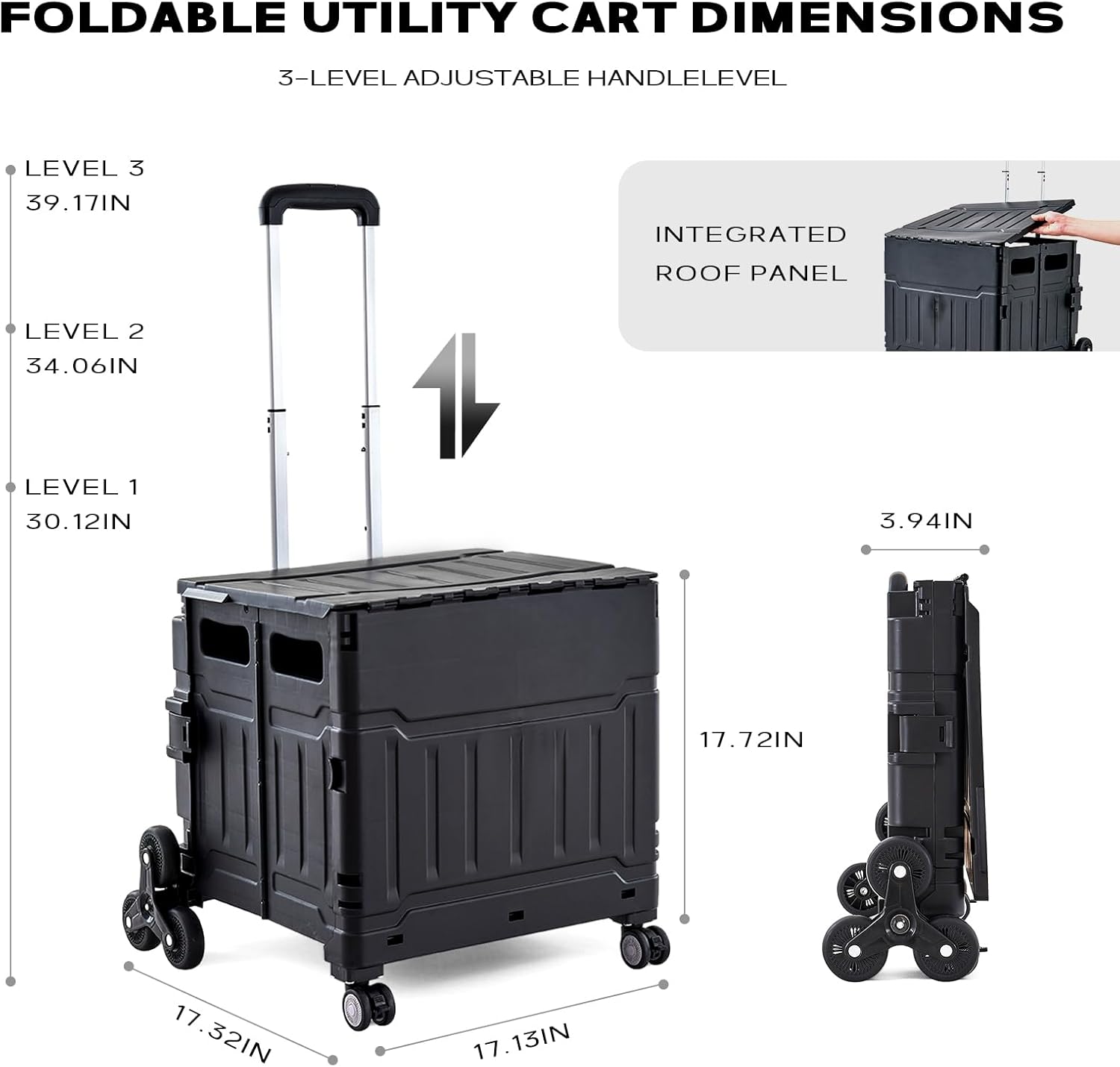 Utility Cart Teacher Cart with Stair Climbing Wheels Foldable Shopping Cart, with Telescopic Handle, Ideal for Outdoor Home Use and Teacher/Student Book Storage. (Black, Large)