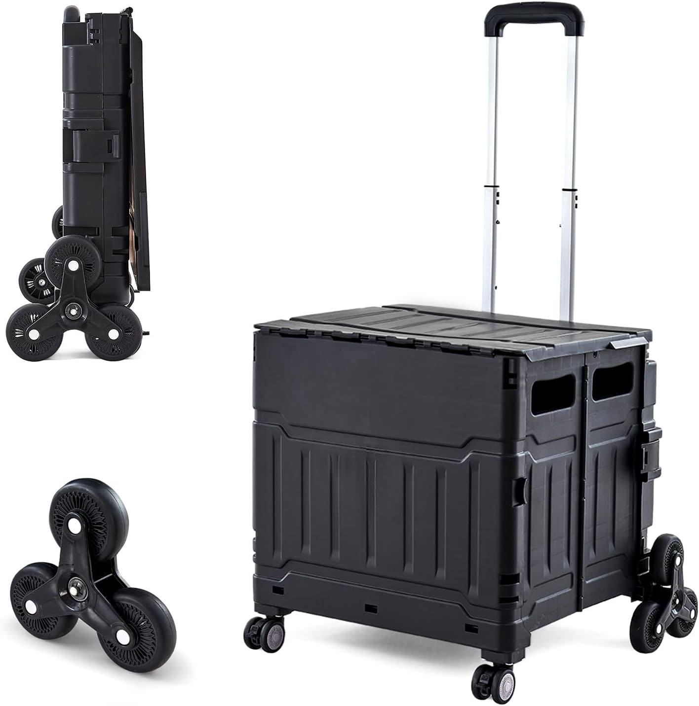 Utility Cart Teacher Cart with Stair Climbing Wheels Foldable Shopping Cart, with Telescopic Handle, Ideal for Outdoor Home Use and Teacher/Student Book Storage. (Black, Large)