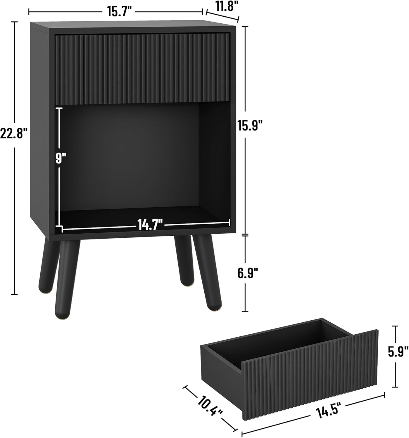 Nightstand, Modern Bedside Table with Storage Drawers and Open Wood Shelf, Night Stand with Solid Wood Legs, End Tables Side Tables for Living Room, Bedroom Black