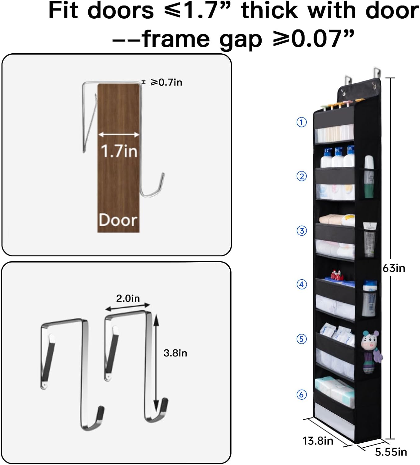 WishJazz Over the Door Organizer, 6 Shelf Hanging Organizer, Anti Tilt 50lbs Back of Door Storage for Bathroom, Nursery, Pantry, Baby Essentials