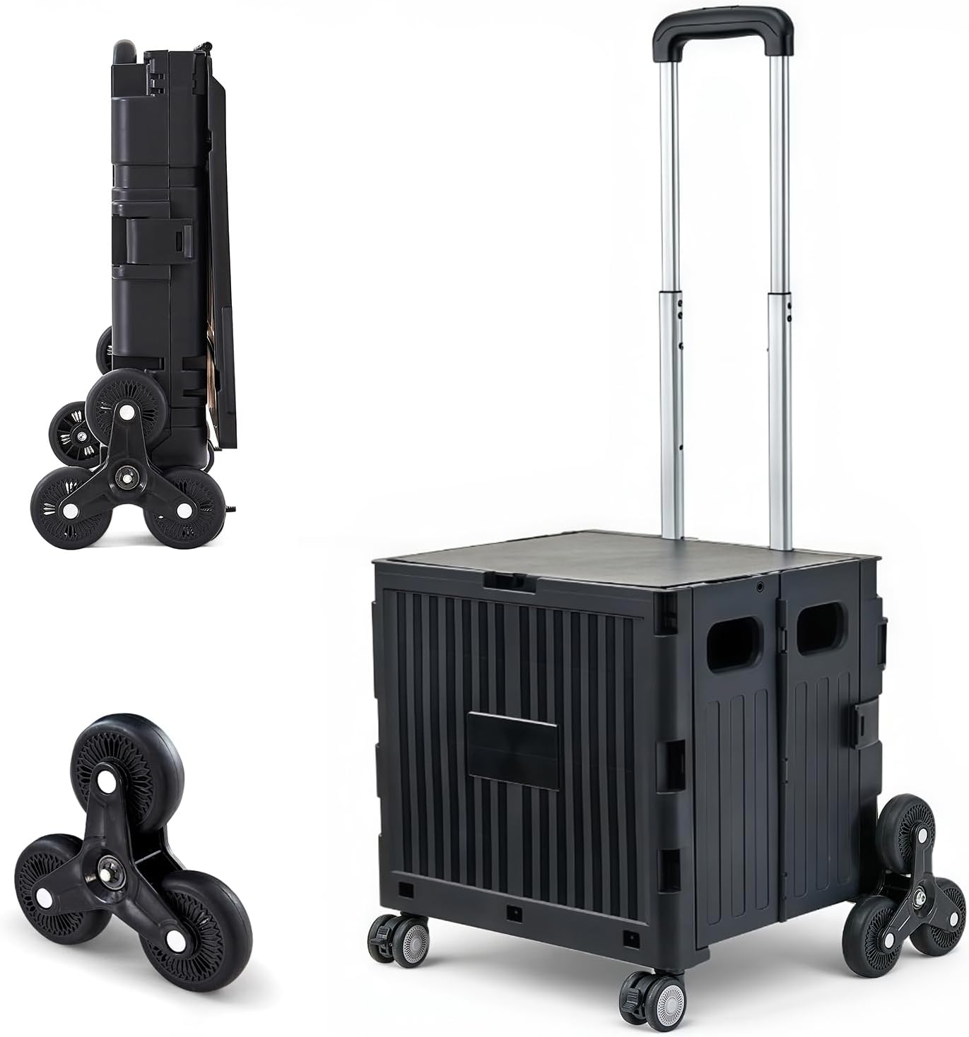 Utility Cart Foldable Shopping Cart Book Storage Cart, with Stair Climbing Wheels and Telescopic Handle, Ideal for Outdoor Home Use and Teacher/Student Book Storage.(Black, Small)