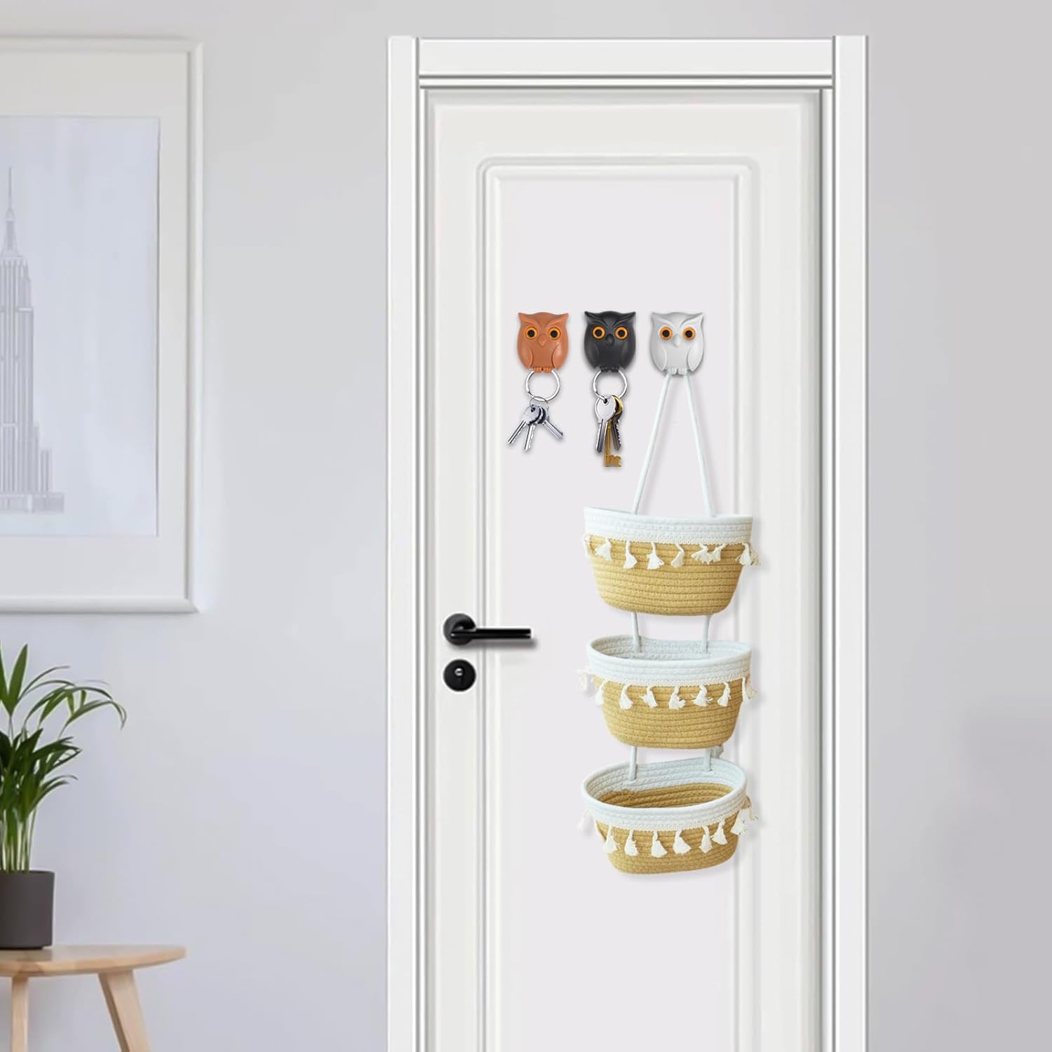 JJSQYLAN Over the Door Hanging Basket 3 Tier Small Woven Cotton Wall Hanging Organizer Bag Decorative Hanging Nursery Baskets Boho (Jute & White)