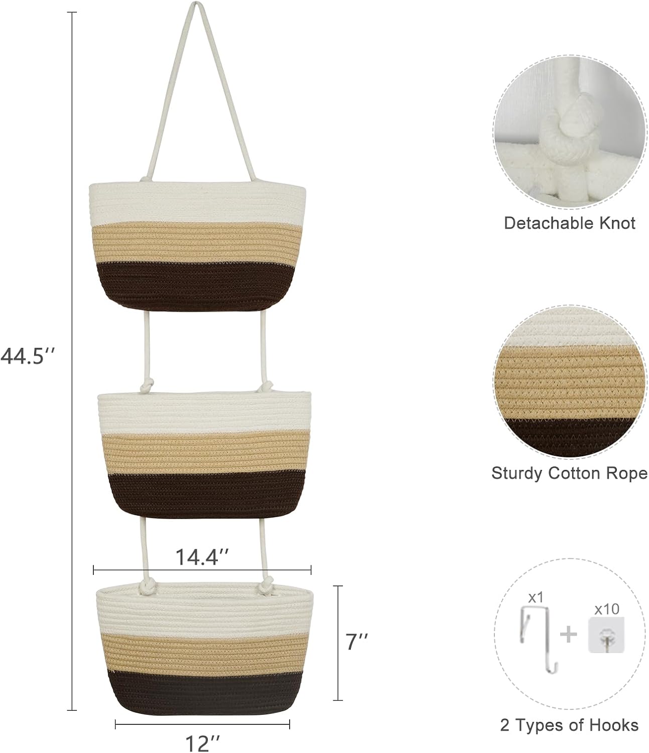 TeoKJ Over the Door Hanging Baskets, 3-Tier Woven Cotton Storage Organizer Bag Decorative Nursery Kitchen Baskets，Gradient Brown