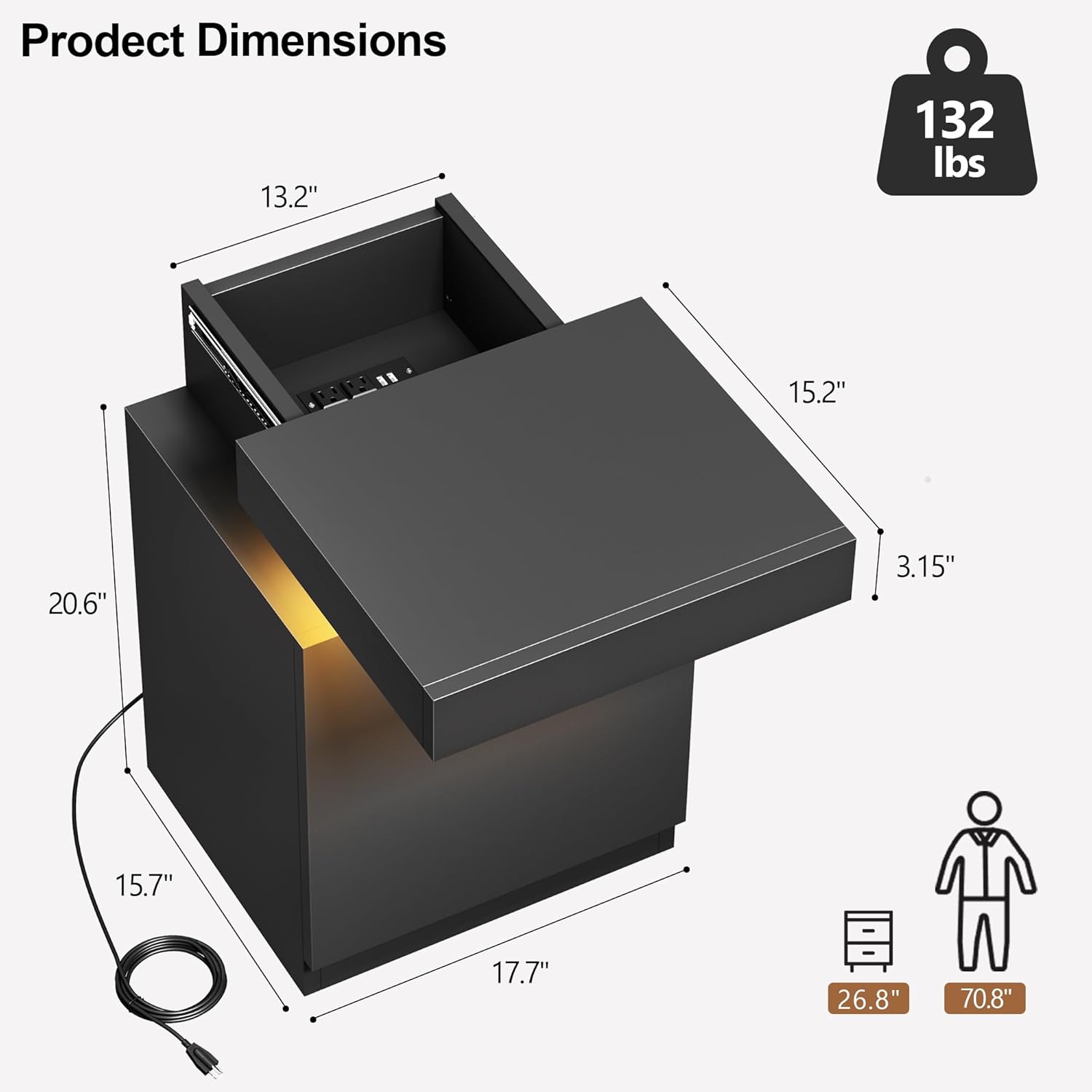 MXV Nightstand with LED Lights & Charging Station, Black Bedside Tables with USB Ports, Storage Cabinet & Drawers for Bedroom, Modern End Tables for Living Room (Black, 17.7，Set of 2)