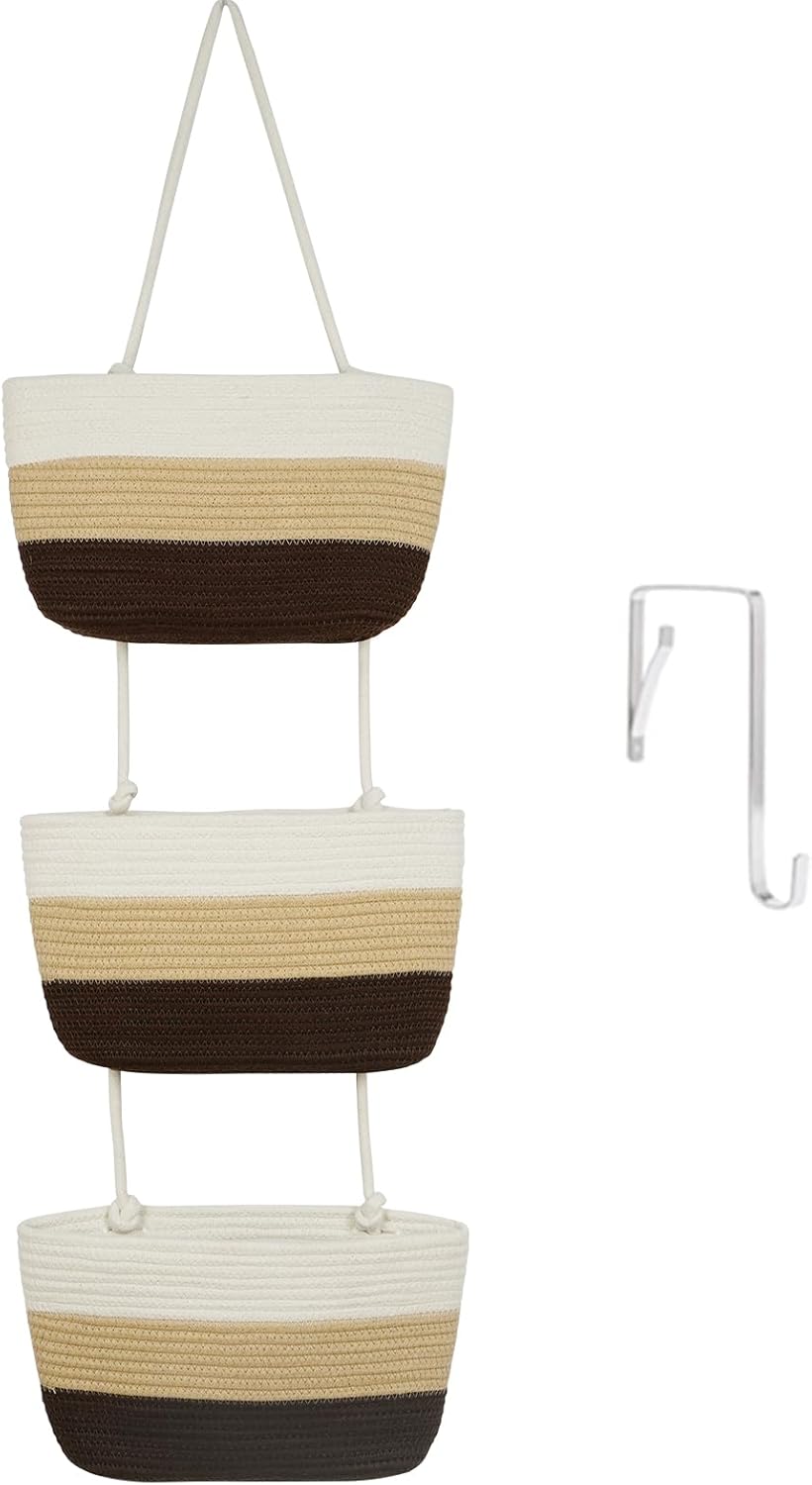 TeoKJ Over the Door Hanging Baskets, 3-Tier Woven Cotton Storage Organizer Bag Decorative Nursery Kitchen Baskets，Gradient Brown