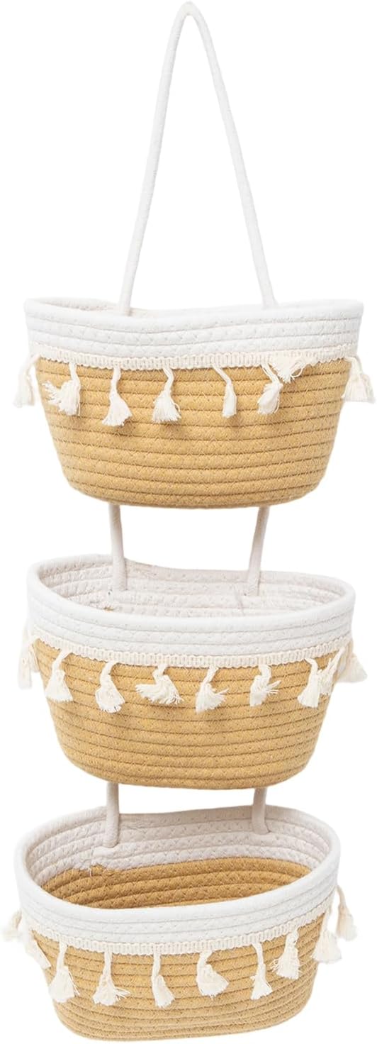 JJSQYLAN Over the Door Hanging Basket 3 Tier Small Woven Cotton Wall Hanging Organizer Bag Decorative Hanging Nursery Baskets Boho (Jute & White)