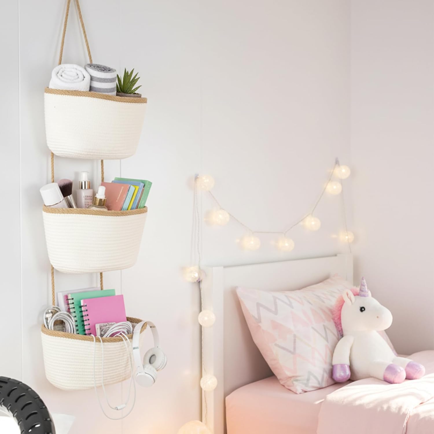 TeoKJ 3-Tier Wall hanging Storage Bags, Over the Door Organizer, Decorative Cotton Rope Hanging Baskets, White & Dark Brown