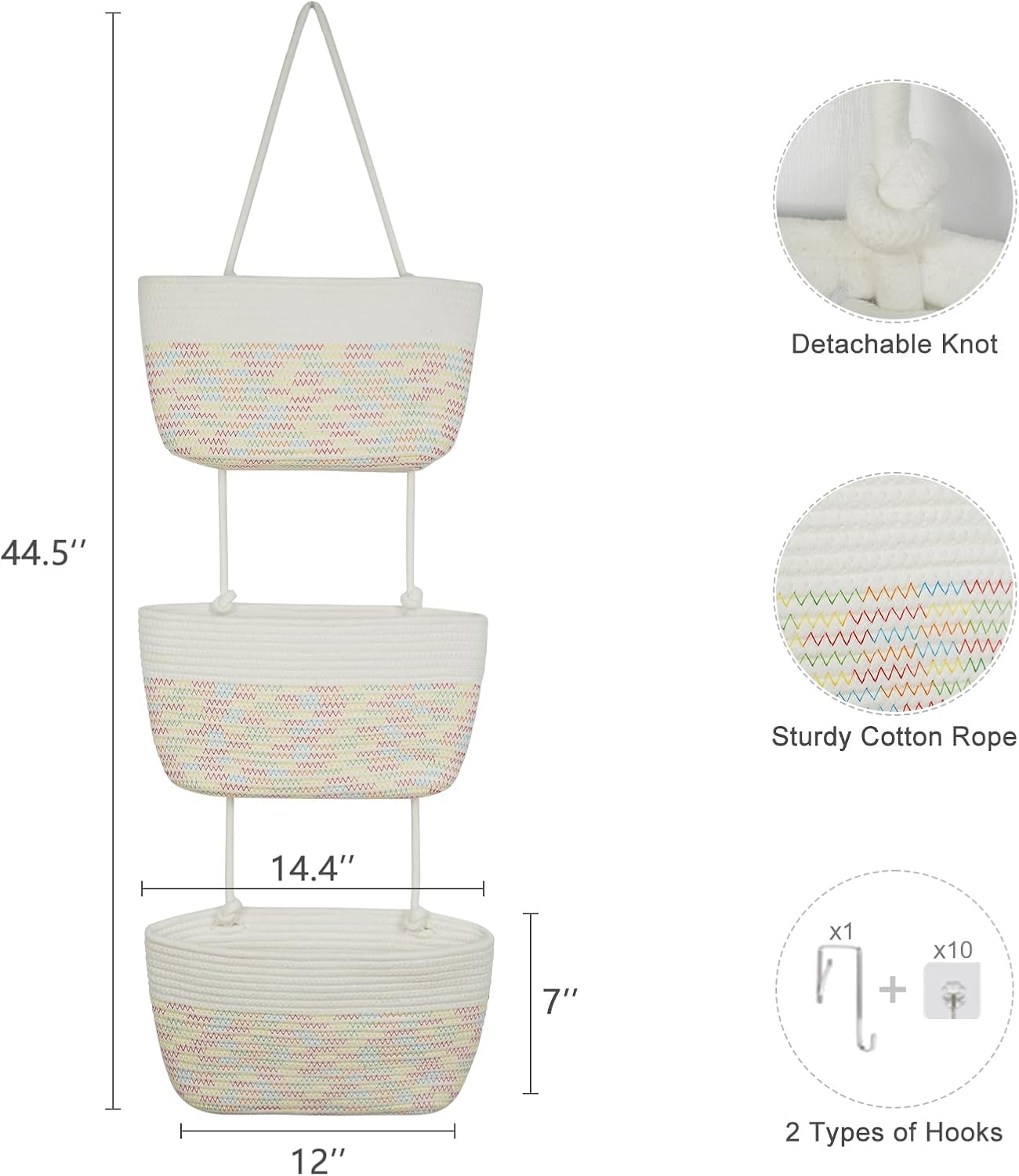 TeoKJ 3-Tier Woven Cotton Wall-Mounted Hanging Storage Baskets, Over the Door Organizer Bin for Kids Room, Bathroom, Bedroom, Kitchen, White & Rainbow Stitching