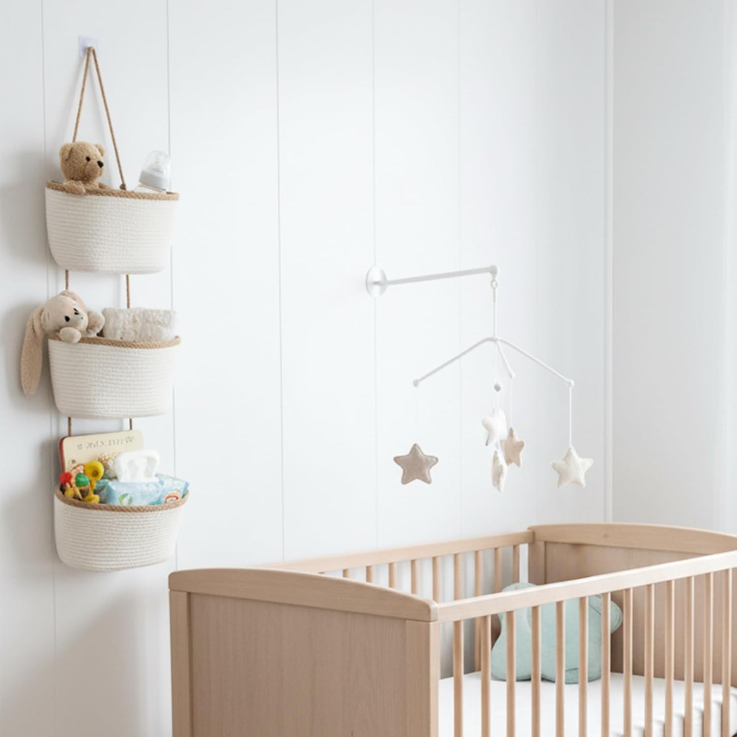 TeoKJ 3-Tier Wall hanging Storage Bags, Over the Door Organizer, Decorative Cotton Rope Hanging Baskets, White & Dark Brown