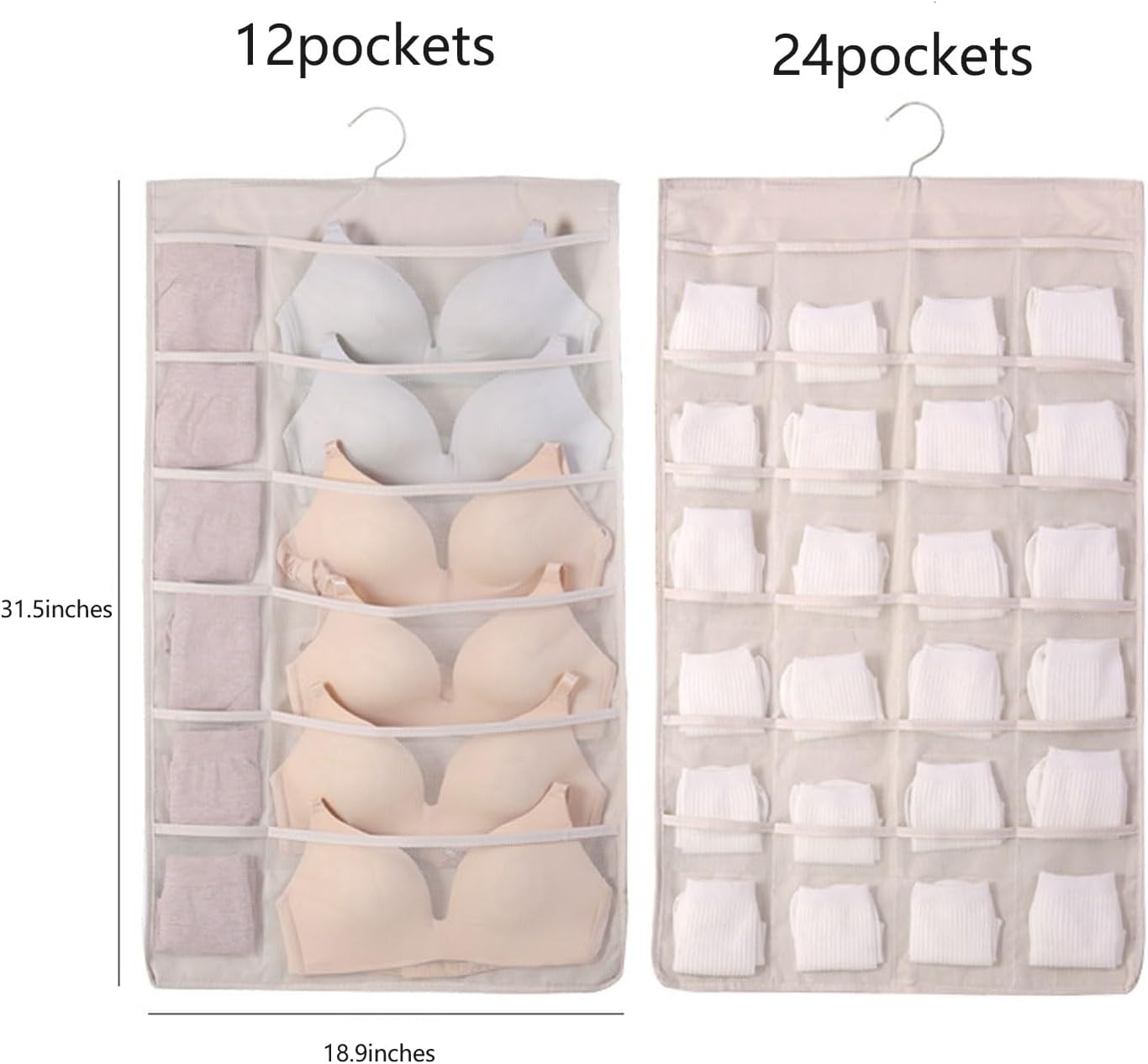 (Set of 2, 4 pockets with different layouts on each side) Double-sided storage hangers, bra storage, closet organization, underwear storage, space-saving, lightweight and durable (24+36pockets)