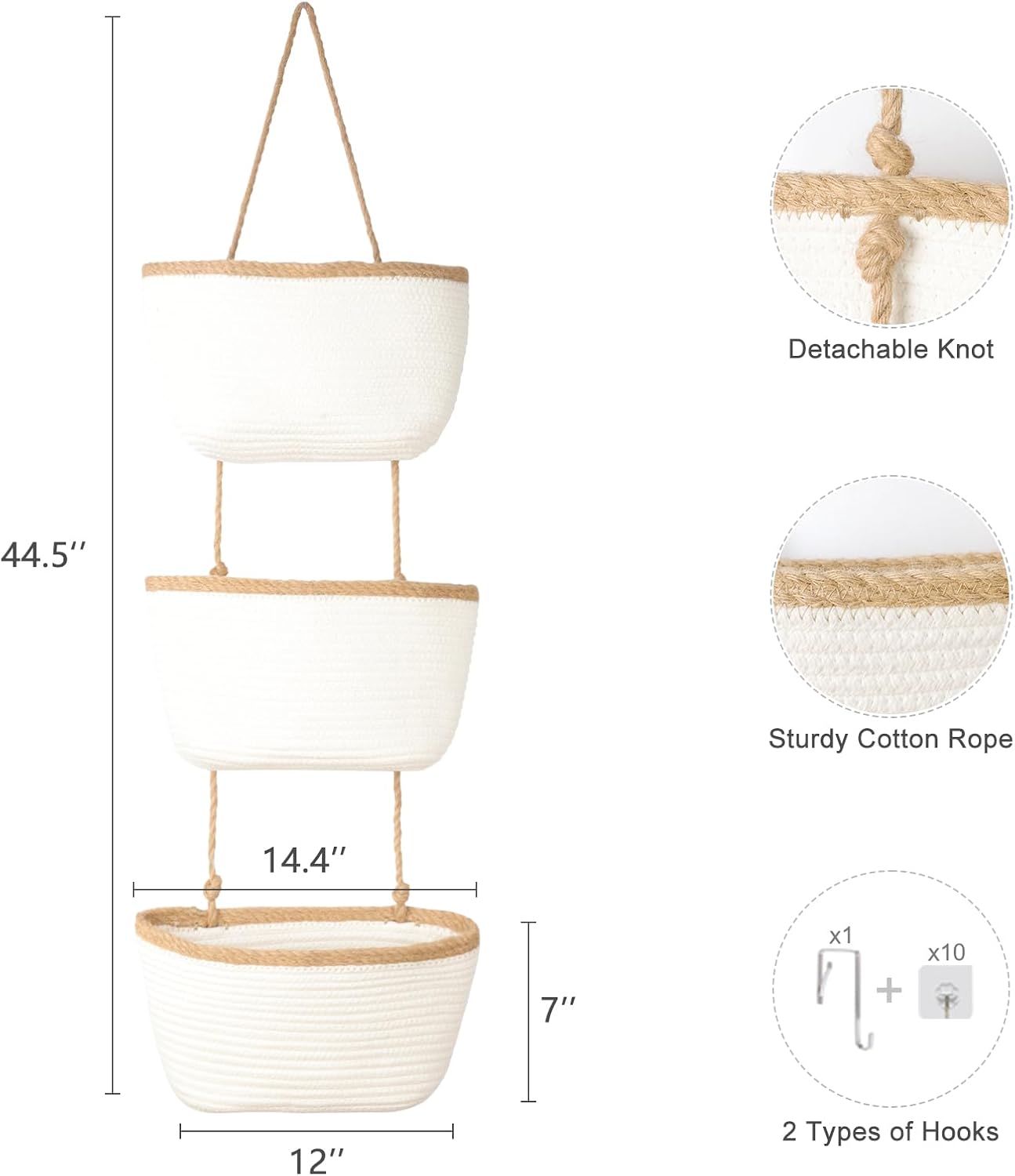 TeoKJ 3-Tier Wall hanging Storage Bags, Over the Door Organizer, Decorative Cotton Rope Hanging Baskets, White & Dark Brown