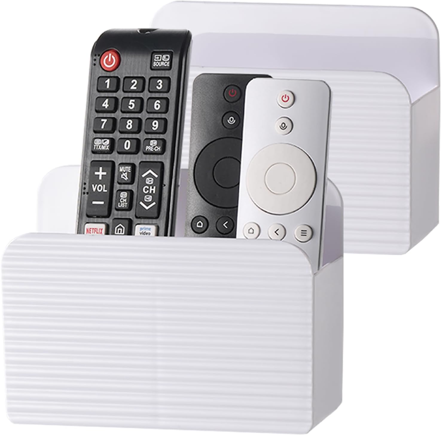 LINFIDITE 2 Pack Adhesive TV Remote Control Holder Wall Mount TV Remote Holder For Bedside Wall Remote Control Caddy Storage Organizer Stand Box （For 2 Or 4 Remote Controls – White ）