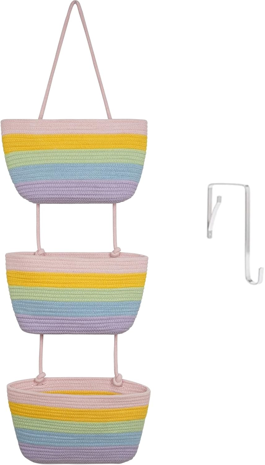 TeoKJ Over the Door Organizer, 3-Tier Woven Cotton Hanging Storage Baskets, Wall-Mounted Baskets for Nursery Organization, Rainbow