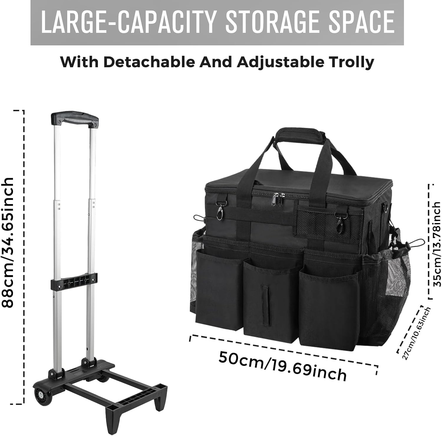 Rolling Cleaning Caddy Bag with Detachable Trolley, Large Cleaning Supplies Organizer with Wheels, Multi Pocket Cleaning Cart with Adjustable Shoulder Strap for Housekeepers & Home Use, Black