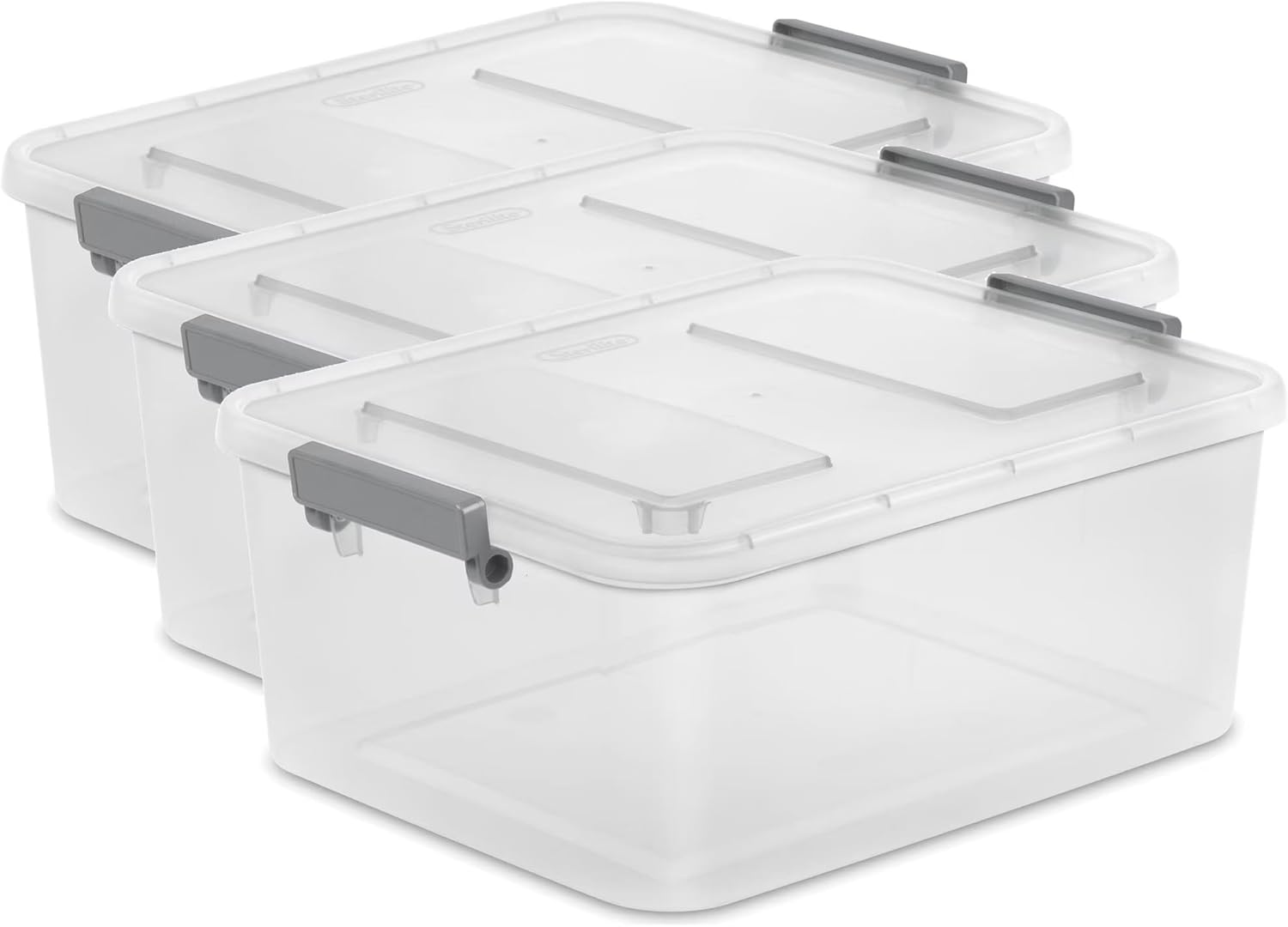 (3 Pack) 12.7 Quart Clear Plastic Modular Storage Containers with Write-On Label Latches - Gray Stackable Organizer Boxes for Home, Office, Closet, Garage & Pantry Organization