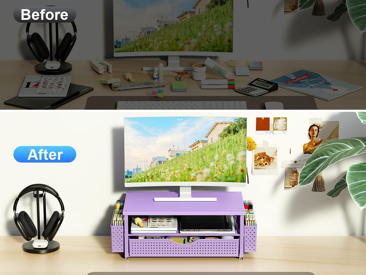 Spacrea Desk Organizer and Accessories, Computer Monitor Stand Riser with Drawer and 2 Pen Holders, Office Desk Accessories & Workspace Organizers for Office Supplies (Purple)