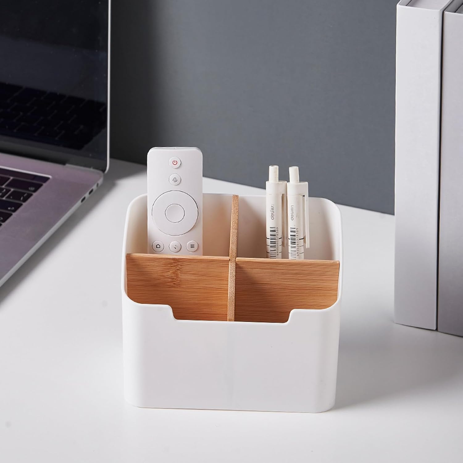 Remote Control Holder, Wood and Plastic Remote Control Holder with 4 Compartments, Multifunctional Desk Storage Organizer Box