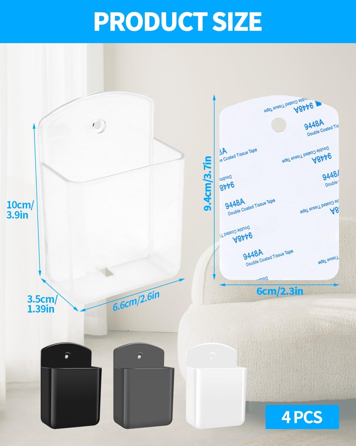 4 PCS Remote Control Holders Wall Mount, Self Adhesive TV Air Conditioner Remote Control Holder, Wall Mount Storage Holder Organizer Wall Pen Holder for Home Office School (Black White Gray Clear)