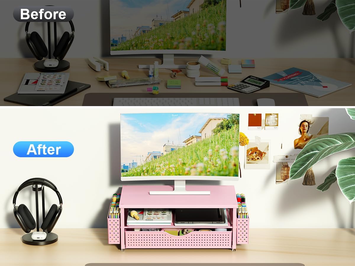 Spacrea Desk Organizer and Accessories, Computer Monitor Stand Riser with Drawer and 2 Pen Holders, Office Desk Accessories & Workspace Organizers for Office Supplies (Pink)