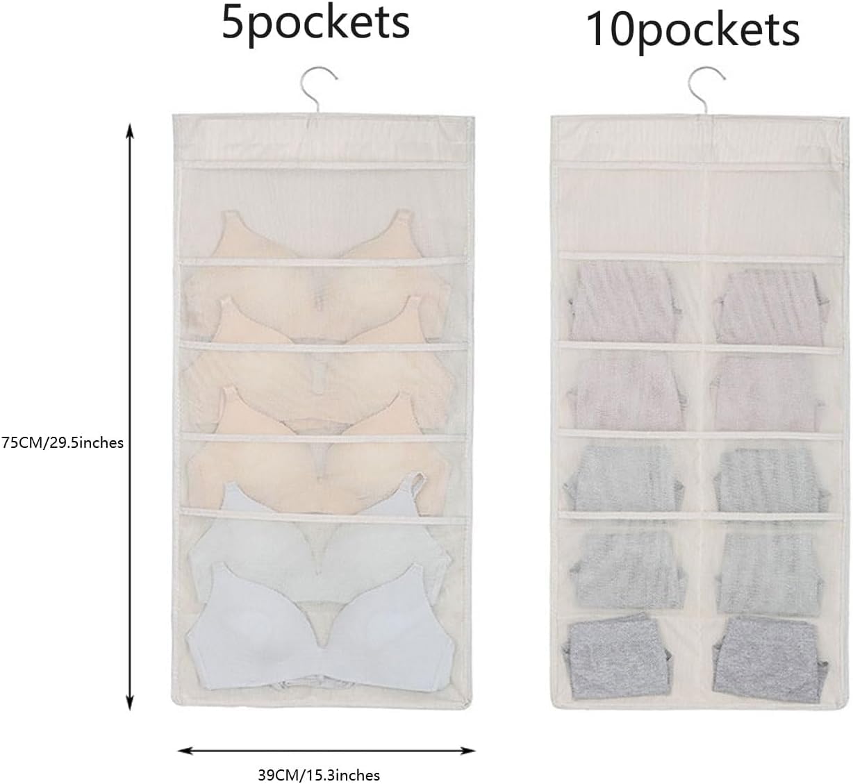 (Set of 2, 4 pockets with different layouts on each side) Double-sided storage hangers, bra storage, closet organization, underwear storage, space-saving, lightweight and durable (36+15pockets)