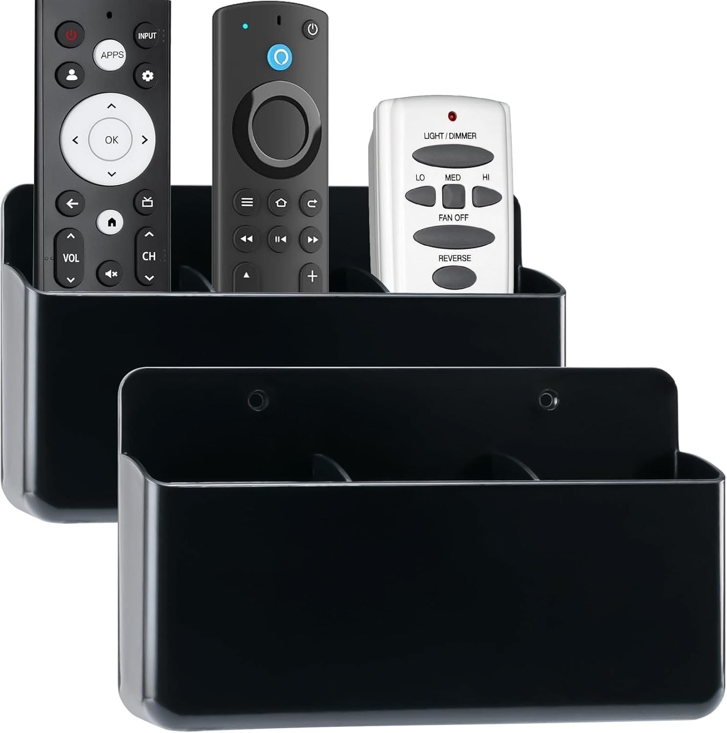 Adjustable Remote Control Wall Mount, 3 Slot TV Remote Holder & Self Adhesive Controller Holder, Black (2 Packs)