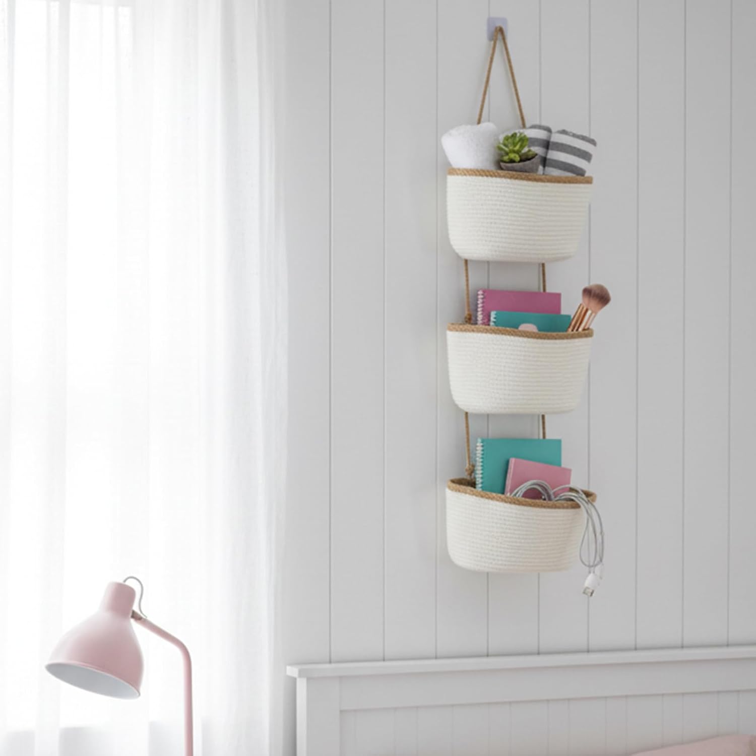 TeoKJ 3-Tier Wall hanging Storage Bags, Over the Door Organizer, Decorative Cotton Rope Hanging Baskets, White & Dark Brown