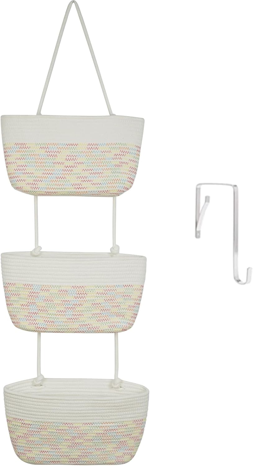 TeoKJ 3-Tier Woven Cotton Wall-Mounted Hanging Storage Baskets, Over the Door Organizer Bin for Kids Room, Bathroom, Bedroom, Kitchen, White & Rainbow Stitching