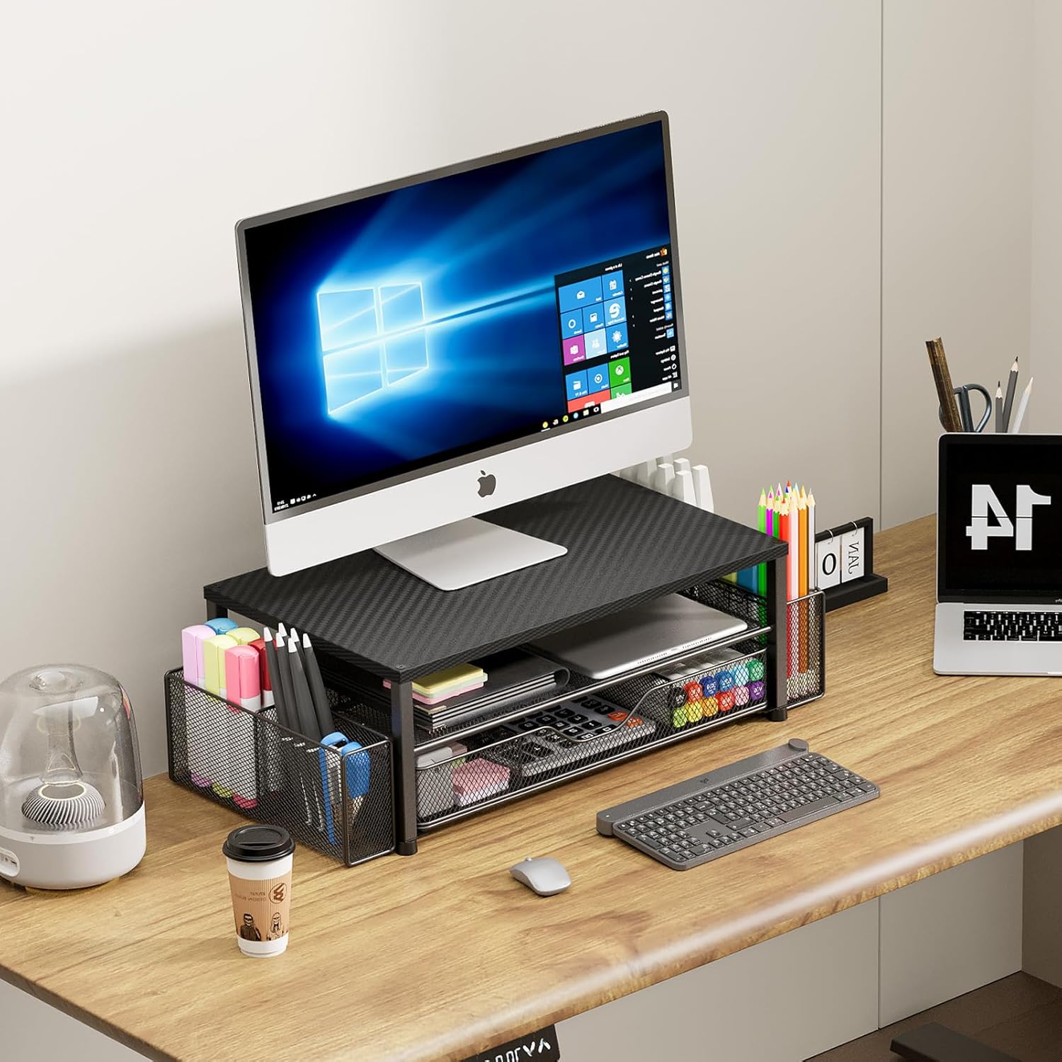 OPNICE Desk Organizer and Accessories, 2-Tier Computer Monitor Stand with Drawer and 2 Pen Holders, Laptop Stand, Office Desk Accessories for Office Supplies, Carbon Fiber