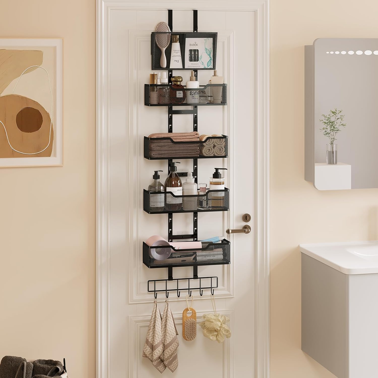 Adjustable Over the Door Pantry Organizer, 5-Tier Metal Pantry Door Organization and Storage, Hanging Door Spice Rack for Home Office Laundry Room Bathroom & Kitchen