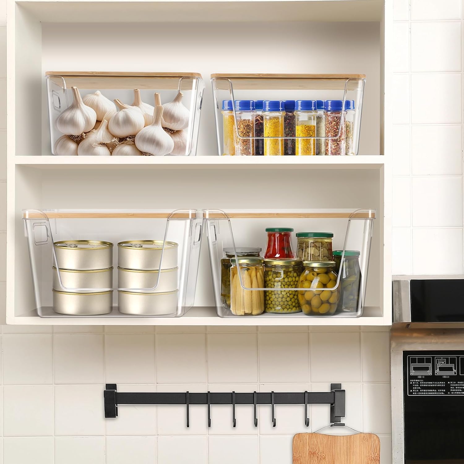 Pantry Organizers and Storage, Stackable Plastic Pantry Organizer with Lid & Handle for Kitchen Counter, Fridge for Fruit, Potato, Onion, Vegetable, 4 Set (Clear- 2 Large Bin & 2 Medium Bin)