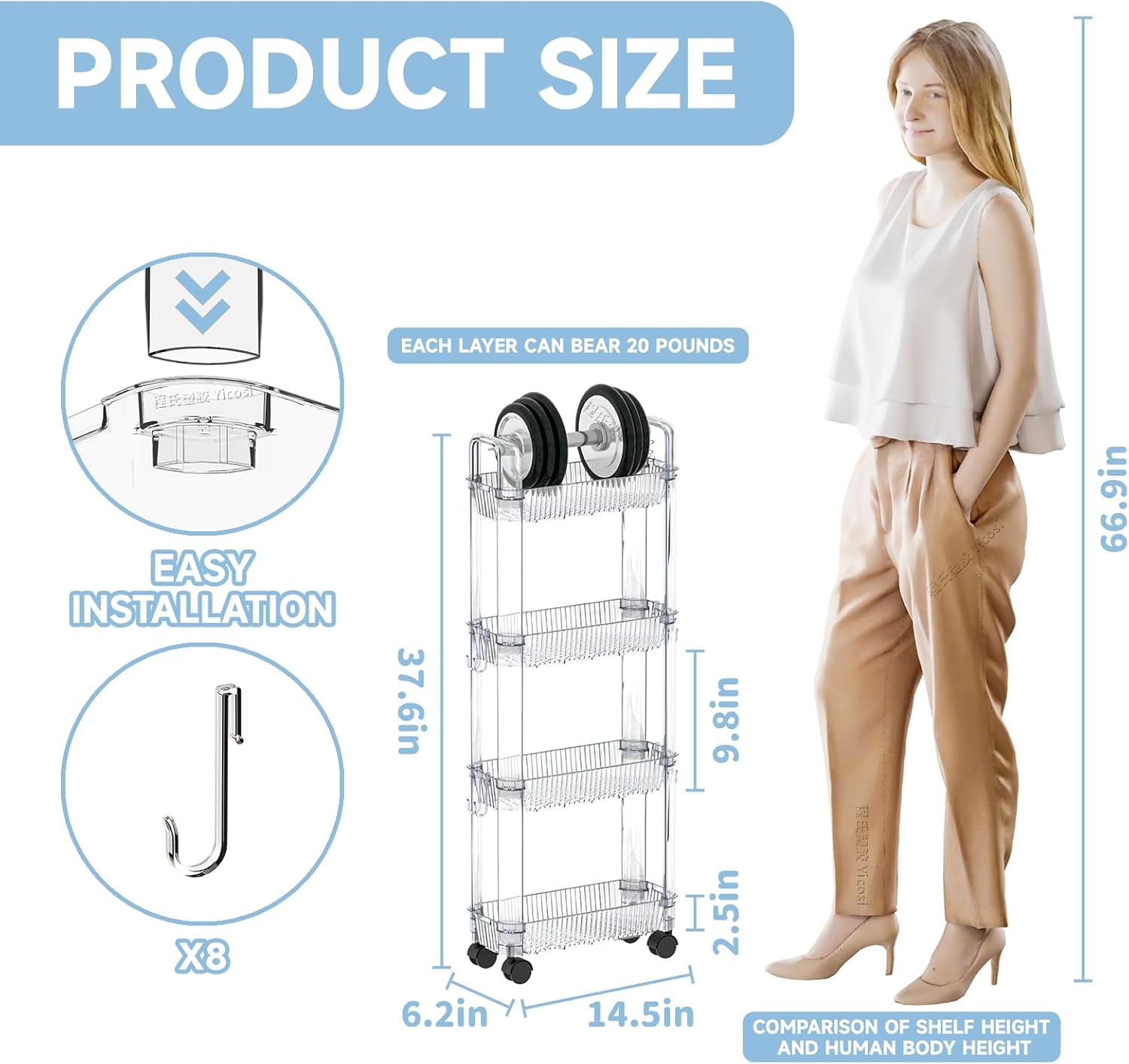 Yieach 4 Tier Rolling Cart with Wheels,Clear Narrow Bathroom Rack Organizer,Slim Storage Cart,Three Tier Thin Shelf and Narrow Rolling Utility Cart for Small Space Shelf,Dorm Room,Kitchen,Laundry