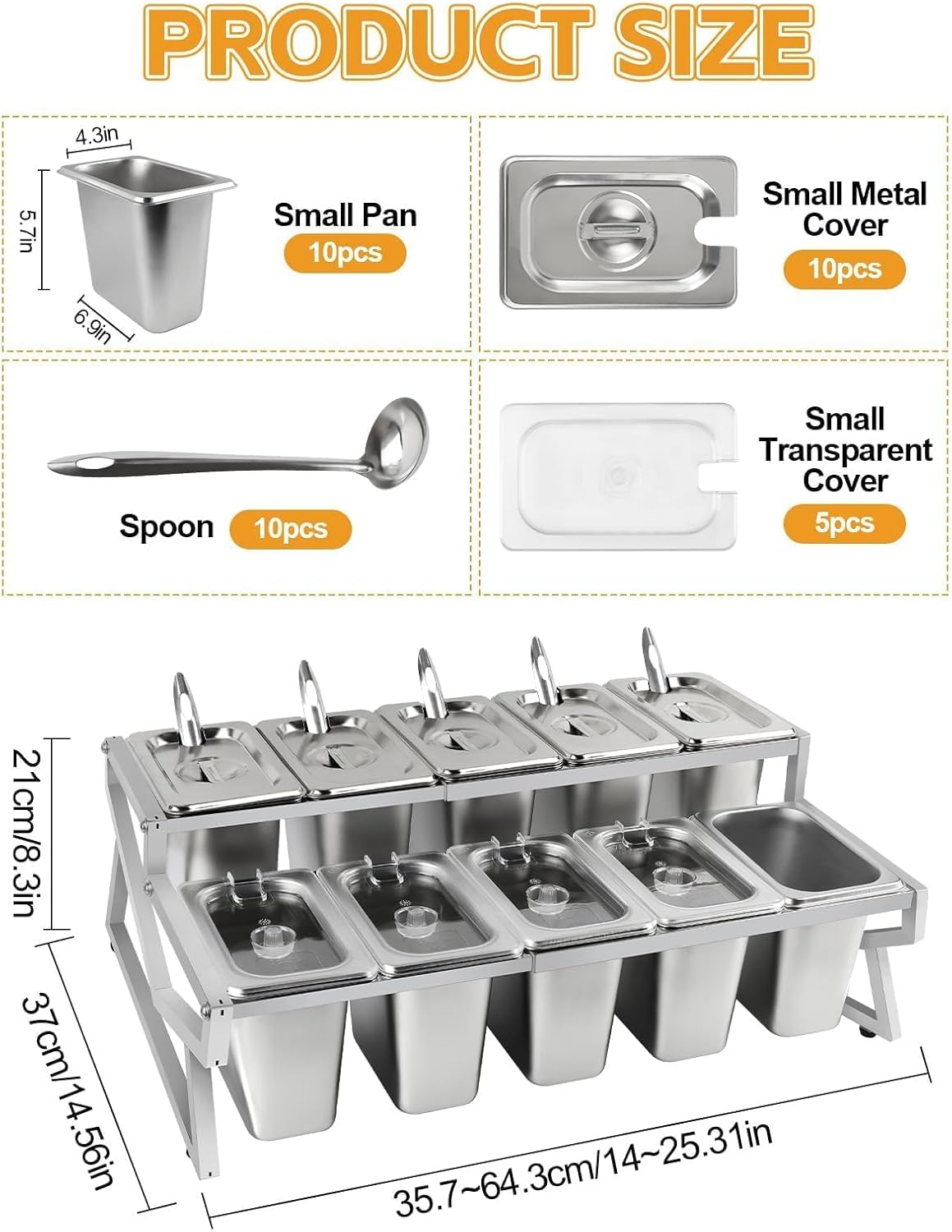 Kalolary 10 Pans Pizza Topping Storage Station, 2 Row Adjustable Stainless Steel Condiment Containers with Lids Spoons Ice Food Serving Display Container Salad Bar Buffet Station for Home Kitchen