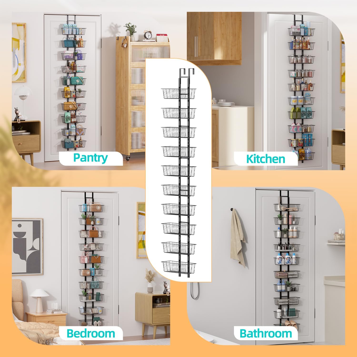 10-Tier Over The Door Organizer with Baskets - Heavy Duty Spice Rack Metal Hanging Shelf for Pantry & Kitchen | Adjustable Spice Rack, Space-Saving Hanging Storage for Bathroom, Laundry, Black