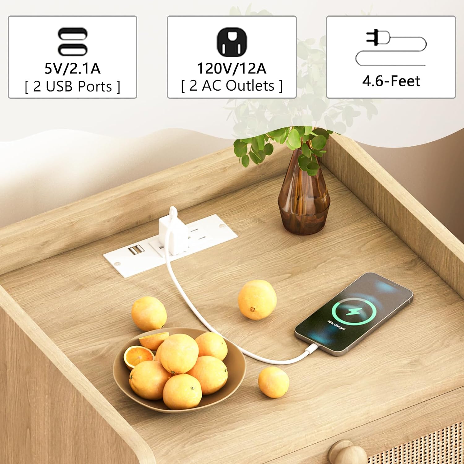 Rattan Nightstand with Charging Station Set of 2, Mid Century Modern Bedside Side Table with 2 Drawers, Boho End Table with Wood Legs for Bedroom Natural Night Stand for Living Room