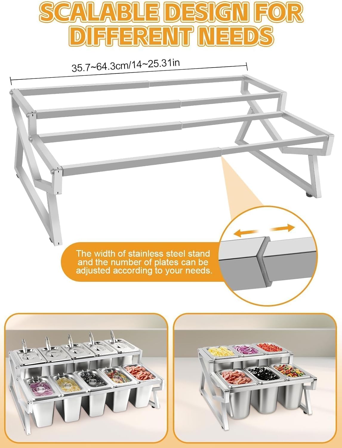 Kalolary 10 Pans Pizza Topping Storage Station, 2 Row Adjustable Stainless Steel Condiment Containers with Lids Spoons Ice Food Serving Display Container Salad Bar Buffet Station for Home Kitchen