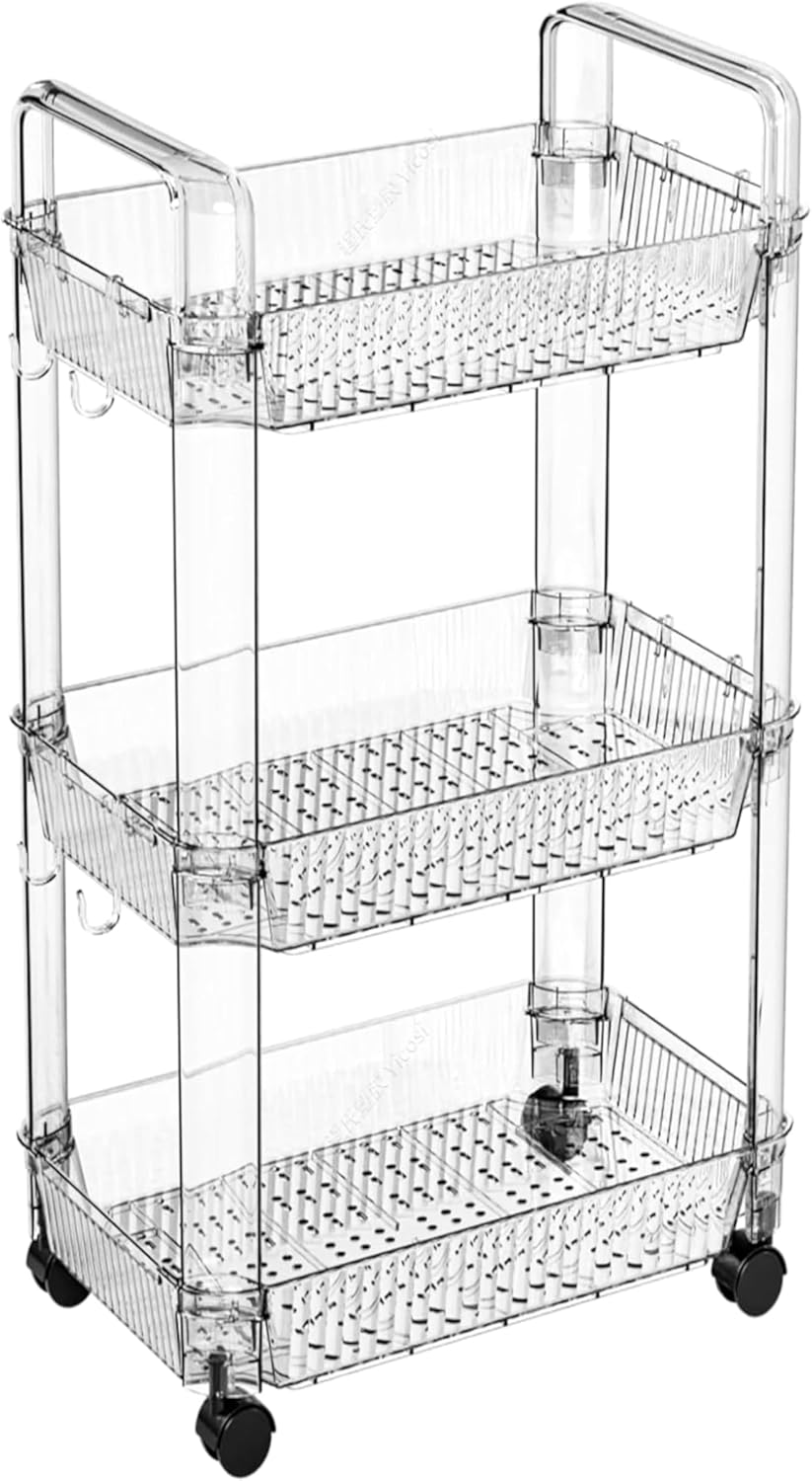 Clear 3 Tier Rolling Utility Cart with Wheels,Modern Bedside Cart for Baby Essentials,Nursery,Diaper Caddy,Baby Supplies,Rolling Storage Carts for Living Room,Bathroom,Kitchen,Book Cart